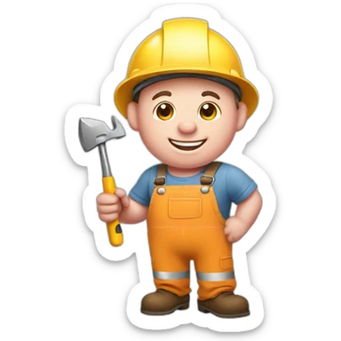 happy little piggy dressed like a builder holding a tool sticker