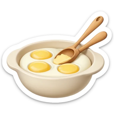 a dozen eggs, a ceramic mixing bowl with a wooden spoon and a plate of butter sticker