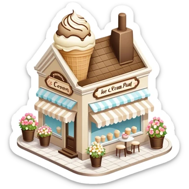 isometric exterior view of a beige and white ice cream parlour adorned with abundant florals sticker