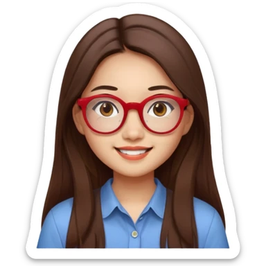 20 yr old asian woman, straight thick long brown hair, middle part, big red glasses, brown eyes, casual shirt sticker