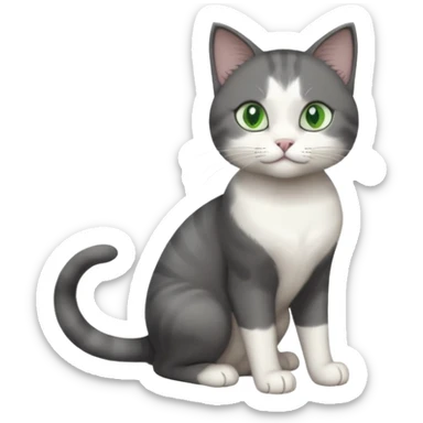 full body view of beautiful female solid dark grey cat with green eyes, white toes/paws and white patch on her chest sticker