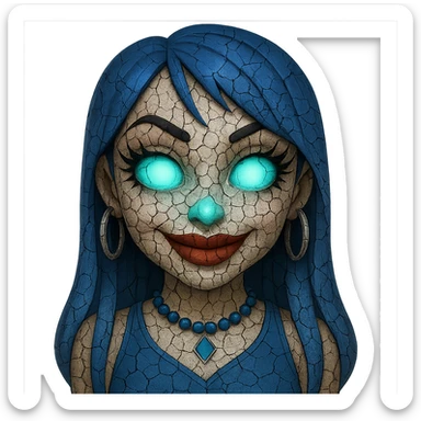 Add cracked porcelain effect to the emoji, keep glowing eyes, creepy gyaru style, blue hair, pretty makeup, bratz baddie vibe, emoji style, with no background. sticker