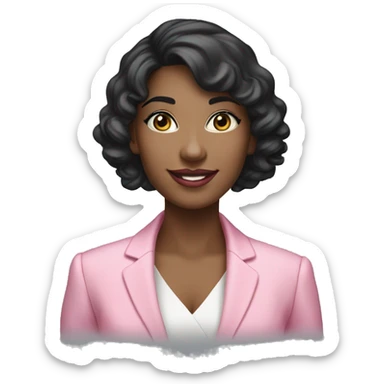 A woman in a standing position, her appearance can be described by the following characteristics: black hair to the shoulders, slightly curly, blue eyes, a beautiful smile and pink gloss on her lips. She is dressed in a formal pink strict suit sticker