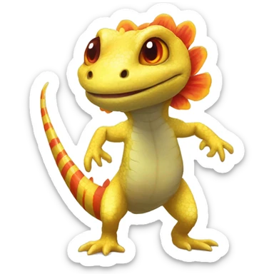 A Yellow Shiny Anthro-Scalie-Lizard-Reptile-Salamander-Fakémon with red stripes and orange frills Full Body sticker