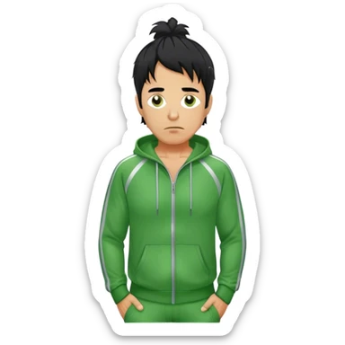 Park is a middle-aged man, around 35 years old, green tracksuit.  His black hair, streaked with strands of gray, is unkempt and damp with sweat. sticker