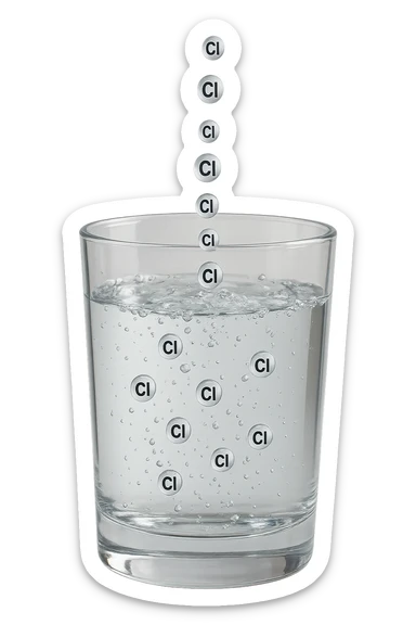 un bicchiere di acqua fluttua in aria realistico e dettagliato, dentro l'acqua del bicchiere ci sono particelle di cloro ben visibili con la scritta "Cl" sopra, ci sono particelle anche che escono dal bicchiere e fluttuan
o in aria verticalmente, mentre alcune sono all'interno dell'acqua nel bicchiere, iperrealistico 4k sticker