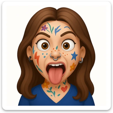 A 3D emoji in iOS emoji aesthetic style of a wild expressive person with colorful tattoos, multiple facial piercings, sticking out their tongue and making a funny face, glossy Apple-style design, clean white background, vibrant and bold look. sticker