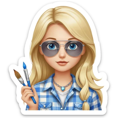 girl with long blond hair, wearing plaid shirt with blue eyes and aviator sunglasses wearing a ring on her silver necklace, holding a paint brush sticker