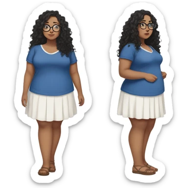 full length anime plus size girl in a blue sundress, glasses with big hazel eyes and white skin and curly black long hair and aristocratic high cheekbones sticker