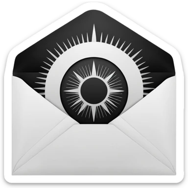 Open envelope, centered, black interior with a bright circular core and radial engraved sunburst rays, pure black ink on pure white, stipple/crosshatch only, razor sharp --style raw --ar 1:1 --no gradient, gray, 3d, glossy, text sticker