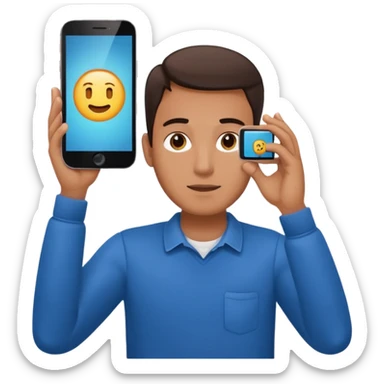 a guy holding 1 smartphone with both hands horizontally on top of his forehead sticker