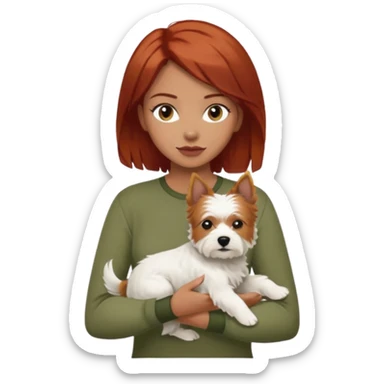 Westhighland white terrier dog being held by woman with dark shoulder length red hair and hazel eye wearing olive green top sticker
