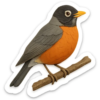 close-up of an American Robin perched on a tree branch, fine paper edges, naturalistic feather patterns, orange and gray colors sticker