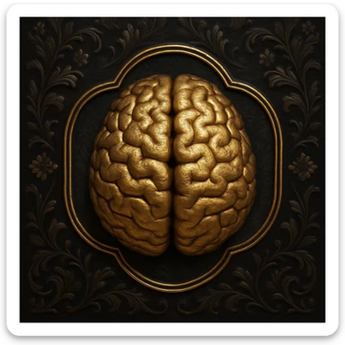 Create an ultrarealistic emoji in the style of the reference image: a 3D metallic old gold brain symbolizing common sense, with a dark black background featuring high-definition Victorian silk patterns and gothic florals. The brain is the main symbol, classic, arcane, and mysterious, inside a thin ornate frame that follows the brain's shape, giving the interior a spotlight effect. The overall look should be classic, mysterious, and elegant, matching the ornate, metallic, and high-contrast style of the reference. sticker