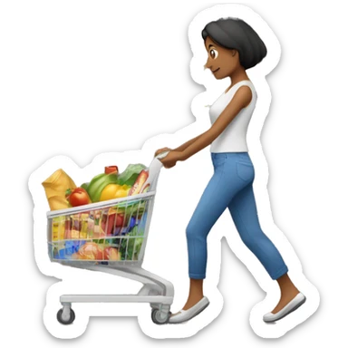 mujer llevando carro de compras lleno de productos de supermercado sticker