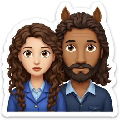 pareja de Mujer morena rizada cabello largo castaño ojos oscuros y hombre piel blanca con caballo oscuro con barba y ojos marrones sticker