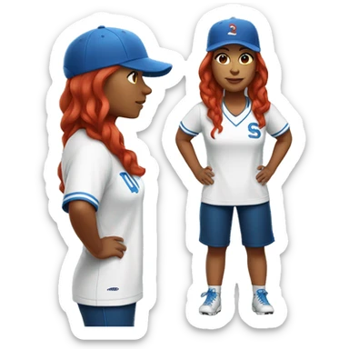 front facing standing up female coach with long red hair, wearing a white t-shirt and a simple baseball blue hat sticker