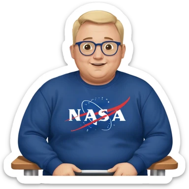 happy chubby man, bench Press,  blond short and hight receding hairline, wearing a dark blue sweatshirt, nasa logo on the sweatshirt, round glasses without frame, 40 years old sticker