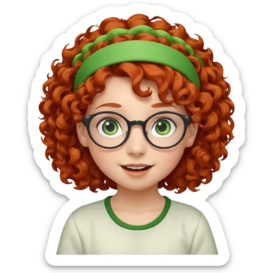 redhead kid with unique face features and very curly hair kid girl happy and big glassess and big nose and very green eyes and headband sticker