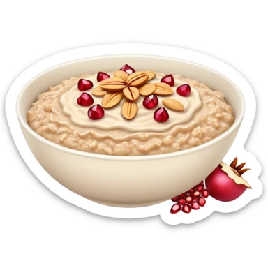 bowl of oatmeal with peanut butter, coconut flakes and pomegranate seeds sticker