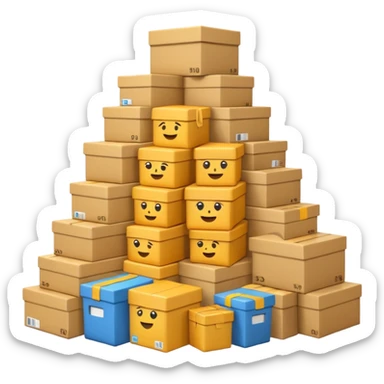 Generate a realistic emoji-style of a overfilled storage room where the packages dont have much space and falling over sticker