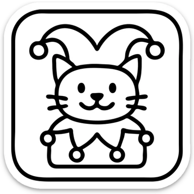 crazy cute little cat jolly joker from poker, medieval, vintage, court jester, mac os icon, purple, gold and red color, head + torso. Squared shape as 3D mac os system icon, symmetrical sticker