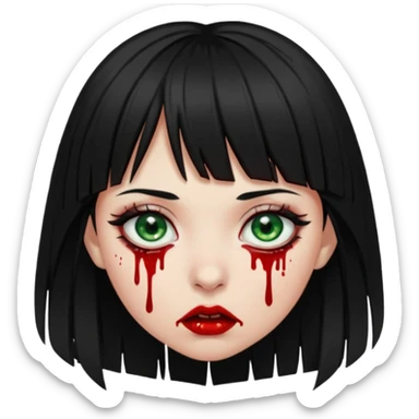 Guria com cabelo preto franjinha sangrando olhos verdes  fundo preto e um piercing bridgepiercing sticker