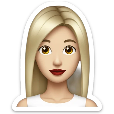 straight hair,red lipstick,black eyes, white skin and a small nose sticker