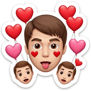 A cross eyed man with brown hair goon face their tongue out far with Valentine’s Day decor/hearts around eyes facing different directions sticker