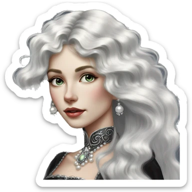 Regal pretty slender woman photograph defined cheekbones high cheekbones crown vintage with very long iridescent black and silver hair wavy long hair pearl crown iridescent sticker