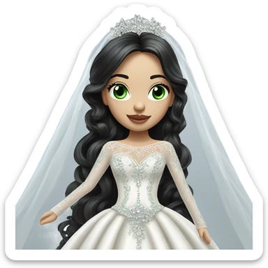 Hyper Realistic ornate ballgown long sleeve Wedding dress with diamanté on Russian bride with pale skin and green eyes and long black hair with veil and diamond jewelry hyper realistic  sticker