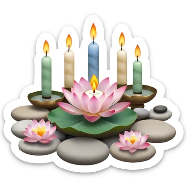 A photorealistic icon featuring lotus flowers, burning incense sticks with smoke rising, smooth round sea stones, and multiple small round candles arranged in a calming, tranquil setting. Soft, peaceful colors with detailed textures that evoke mindfulness and inner peace. Transparent background sticker