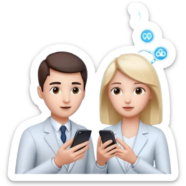 Generate a realistic emoji of a two people using a phone which shows artificial intelligence. Out of the phone is coming 3d ideas and electric symbols  sticker