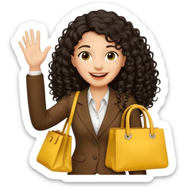 medium deep tan brown business woman with long black curly hair, waving hand with happy face with smile mouth and carrying yellow bag on her shoulder sticker