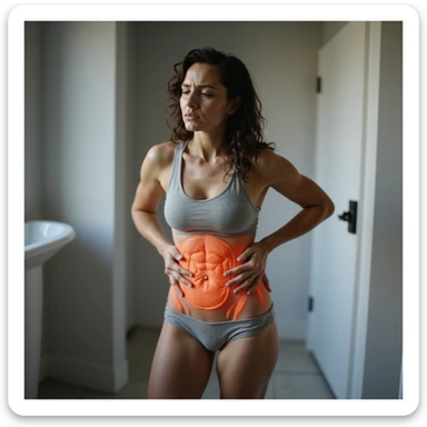 hyperrealistic woman standing with curved posture, both hands on pelvic area, expression of discomfort and pain, realistic anatomical details, 4K quality, bathroom environment sticker