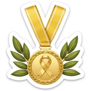 A golden medal with a glossy finish, featuring a central gold awareness ribbon symbol. The ribbon is surrounded by two laurel branches, one on each side, adding a touch of prestige. At the bottom, a small ornamental 'X' symbol completes the design sticker