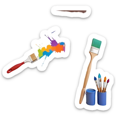 Create an icon that represents the hobby of wall painting, featuring a wall with a beautiful painting in progress. The design should include a paintbrush, a roller, and part of the wall decorated with colorful patterns or a mural. The icon should show the process of creating the artwork, with the brush strokes visible on the wall, symbolizing the artistic nature of the craft. The composition should be balanced and harmonious, evoking creativity and skill. The background should be transparent. sticker