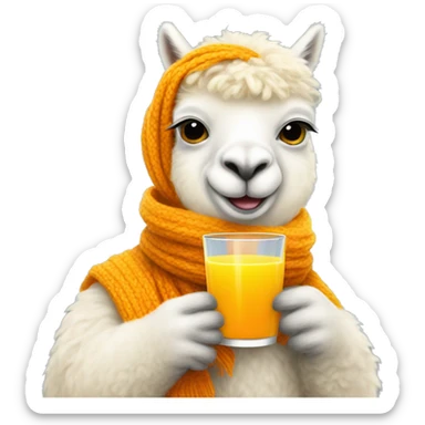White alpaca wearing a yellow scarf and his drinking orange juice sticker