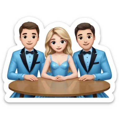 Sabrina carpenter in a light blue sparkly dress at a table with 3 handsome men, and she is standing up reaching over  sticker