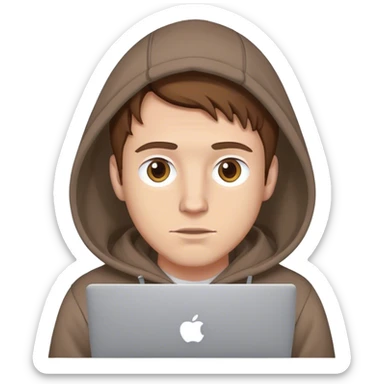 Homme blanc cheveux brun avec capuche et macbook sticker