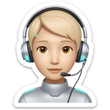 AI Call Agent holo-human-like Cyber AI face, warm, calm and friendly. Holographic look.Soft AI face with a listening, welcoming expression, minimal facial lines, calm eyes. Light headset. Bot. sticker