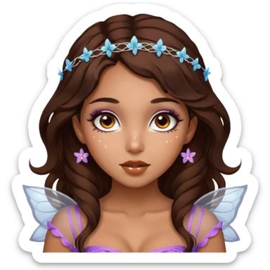 Pretty girl with caramel skin. Dark brown hair and brown eyes. She has freckles. Wearing sexy makeup. Wearing a fairy costume with white fishnet tights and tall heels sticker