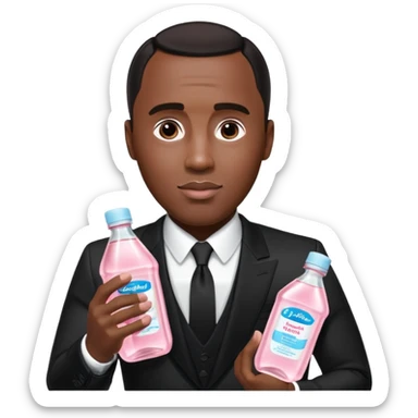 A realistic product shot of a transparent bottle of Johnson’s Baby Oil by Johnson & Johnson, featuring a soft pink label. The oil inside is crystal clear and glossy. Sean "Diddy" Combs in black suit is holding the bottle sticker