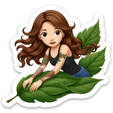 cute woman long wavy brown hair tattoos sliding down leaf sticker