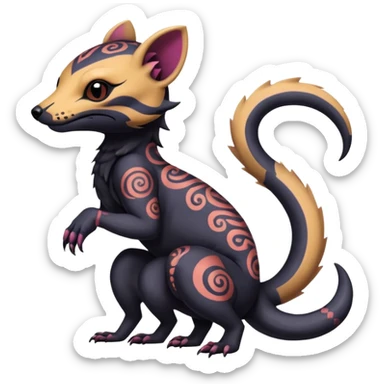 Rare warm-colored exotic gloomy tropical edgy cute epic aesthetic spooky  gothic colorful Salandit-Noibat-Civet-species-Fakemon-hybrid-creature, with tribal tattoo markings, full body sticker
