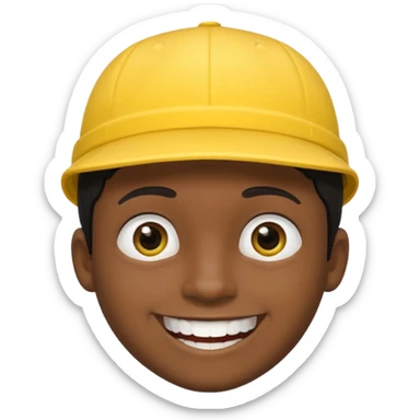 A man with dark skin tone, wearing a bright yellow cap, short black hair mostly covered by the cap, large brown eyes, and a wide smile showing his teeth. sticker
