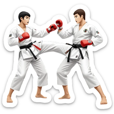 Two taekwondo fighters in traditional white doboks with black belts. One delivers a powerful kick, while the other defends by blocking with his knee. The background shows a professional arena with bright lights and an excited crowd. Transparent background highlights the intense action sticker