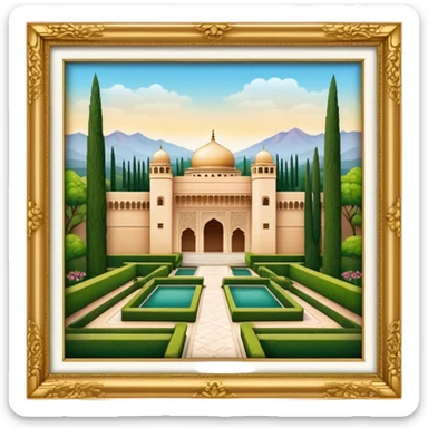Cinematic Realistic Alhambra Landmark Emoji, showcasing the ornate historic palace with lush gardens rendered with rich textures and soft, majestic lighting. sticker