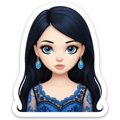 black hair, pretty, BLACK long black hair, pale skin, eyeliner, blue lace clothes, bratz baddie sticker
