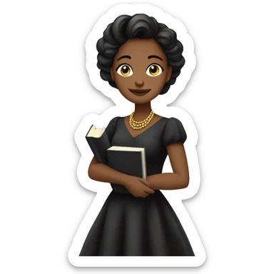 mujer cabello negro vestido elegante sosteniendo libros y lapiz hacia arriba sticker